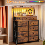 EnHomee Dresser for Bedroom with 11 Drawers Tall Dresser with LED Lights Fabric Chests of Drawers with Grid Wall Panel,3 Tier Shelves,Metal Frame,Closet,Study,Rustic Brown,33.9" Wx11.8 Dx51.2 H EnHomee