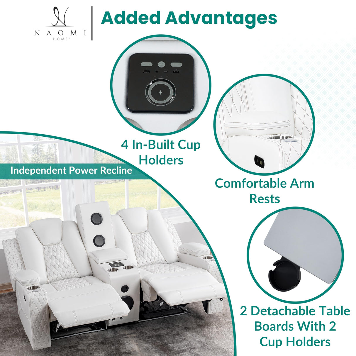 Home Theater Seating, Gaming Chairs for Adults, Wireless Charging Movie Theater Chairs, Power Recline Loveseat with 6 Cup Holders and Tray, Powerful in-Built Speaker, USB Ports, Air Leather – White Naomi Home