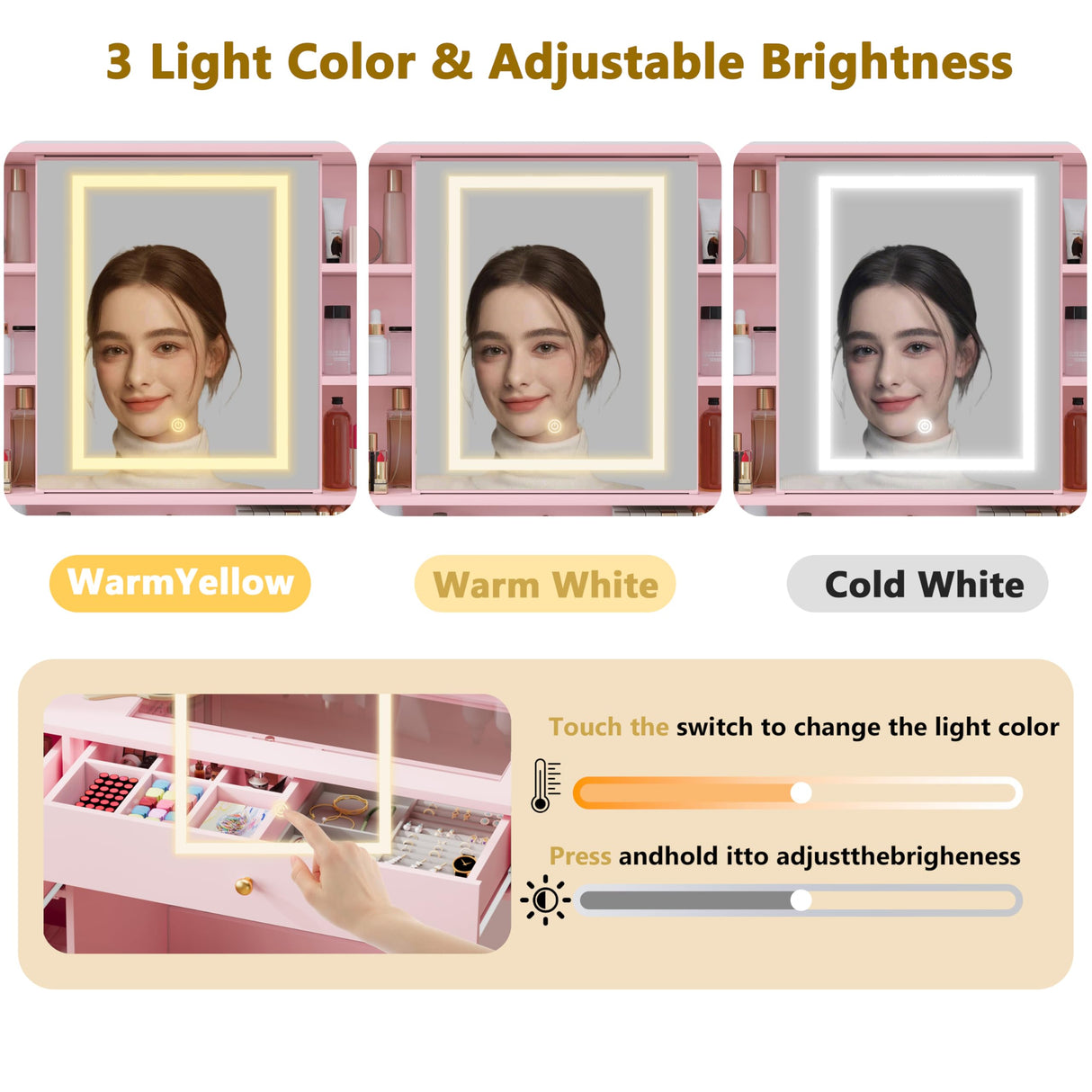 Wodeer Makeup Vanity Desk with Mirror and Lights,Vanity Table Set with Charging Station,Glass Tabletop and RGB Cabinets,Dressing Table with Jewellery Organizers Drawers for Bedroom,Pink Wodeer