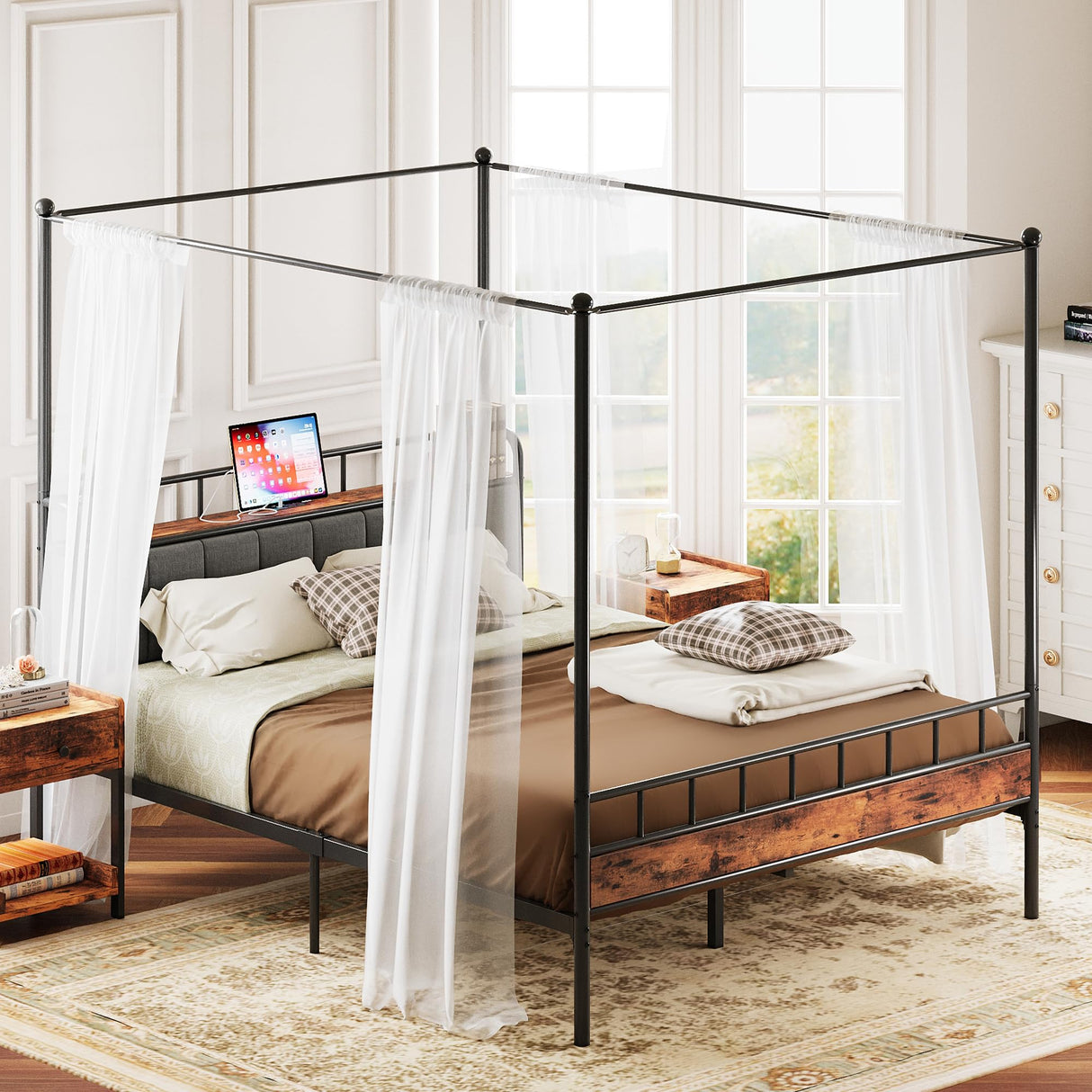 Queen Canopy Bed Frame with Storage Headboard and Charging Station in Vintage Brown LIKIMIO