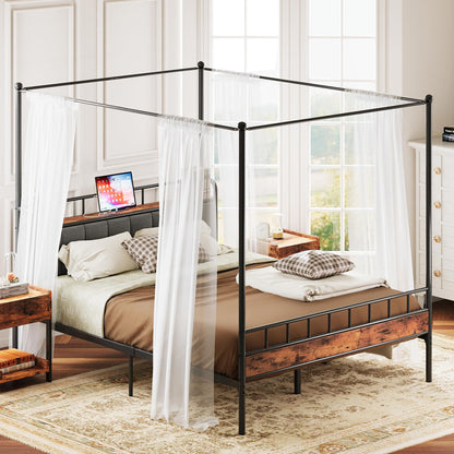 Queen Canopy Bed Frame with Storage Headboard and Charging Station in Vintage Brown - WoodArtSupply