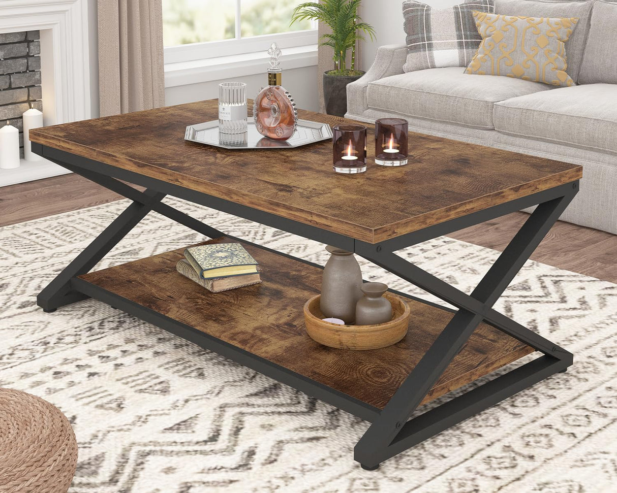HSH Wood Coffee Table with Storage, Farmhouse Rustic Brown Coffee Table for Living Room, Modern Minimalist 2 Tier Center Table, Simple Rectangle Cocktail Tea Table in Home Office Bedroom, 39 Inch HSH