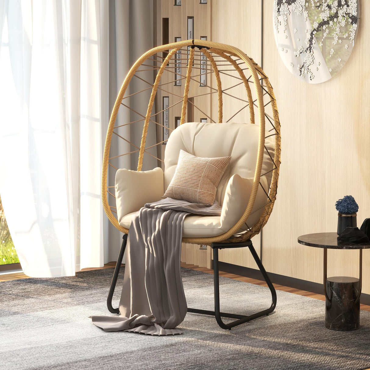 DWVO Egg Basket Chair Patio Chair with Stand Anti-Slip All-Weather Poratble Wicker Egg Lounger Chair for Indoor Outdoor 330LBS (Beige) DWVO