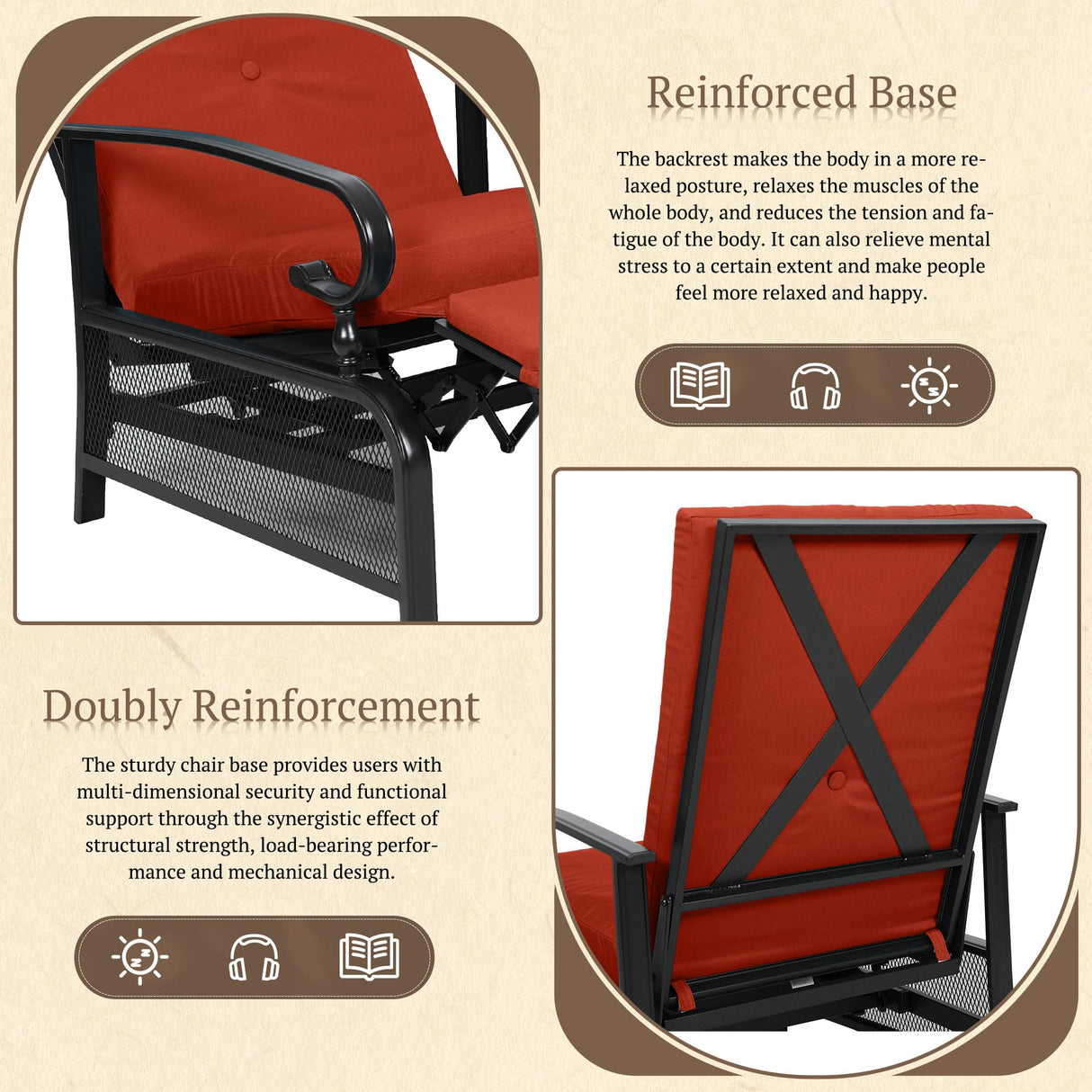 Oakcloud Adjustable Outdoor Lounge Chair Metal Patio Relaxing Recliner Chair with Removable Cushions(Red) Oakcloud