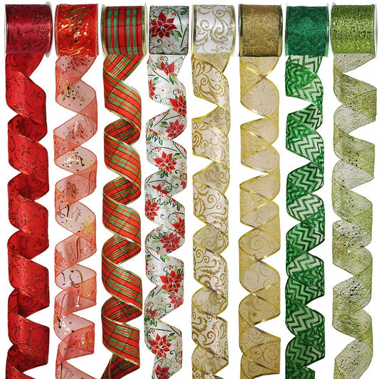 48 Yards Assorted Christmas Ribbons - Plaid, Bow, Wired, Mesh, Glitter, Tulle, Organza - 2.5" Wide For Wreaths, Garlands