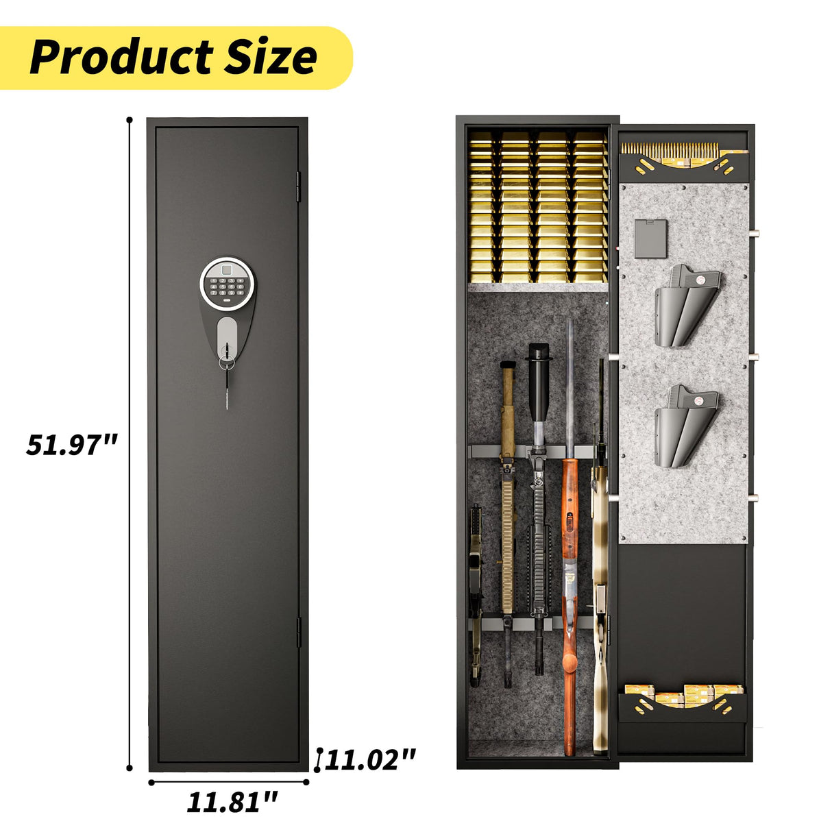 Welfiya 4-6 Gun Safes,Biometric Firearm Storage Unit for Pistols with Quick Access,52" Fireproof Cabinet with Adjustable Rack for Home Rifle and Shotguns,Fingerprint/Digital Keypad Lock,Black Welfiya