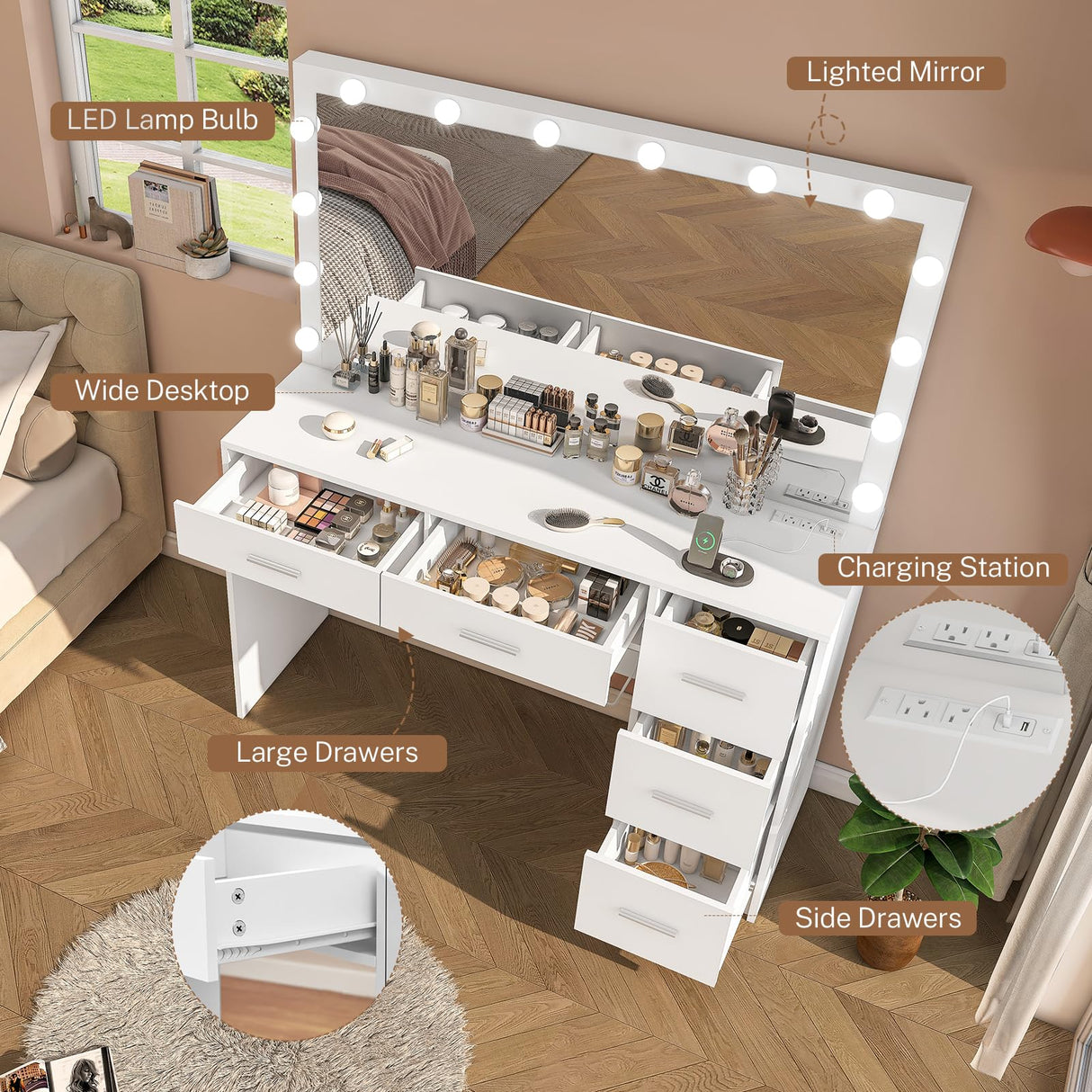FIONESO 47.2" Large Vanity Desk with Mirror & 14 LED Lights, Makeup Vanity Table with 5 Drawers & Charging Station, Makeup Vanity Desk, 3 Lighting Colors, Dressing Vanity Table for Bedroom, White FIONESO