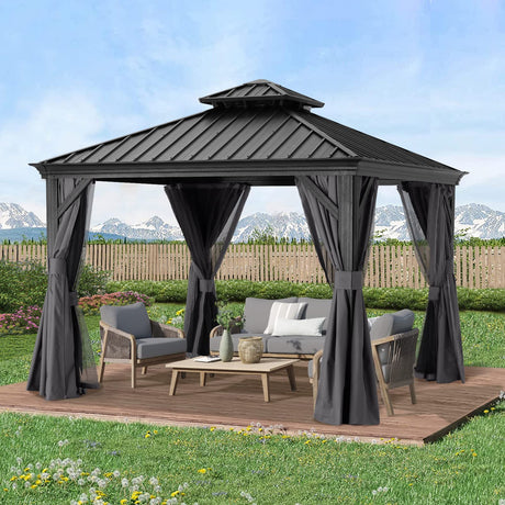 ABCCANOPY Hardtop Gazebo 10x10 - Outdoor Metal Hard Top Gazebo, Permanent Galvanized Steel Aluminum Framed Pavilion with Netting and Curtain for Patio Backyard Lawn Garden (Double Roof, Gray) ABCCANOPY