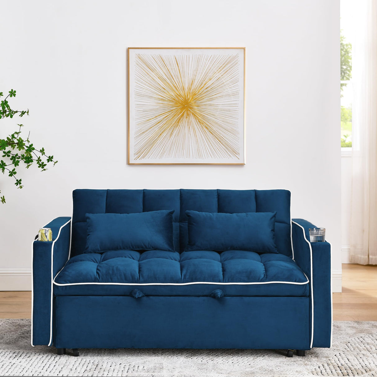 Foldable Sofa Bed with USB Charging Ports, Pull Out Velvet Loveseat Sleeper with Phone Holder, Modern Futon Couch with Cup Holders & Adjustable Backrest for Living Room, Blue Merax