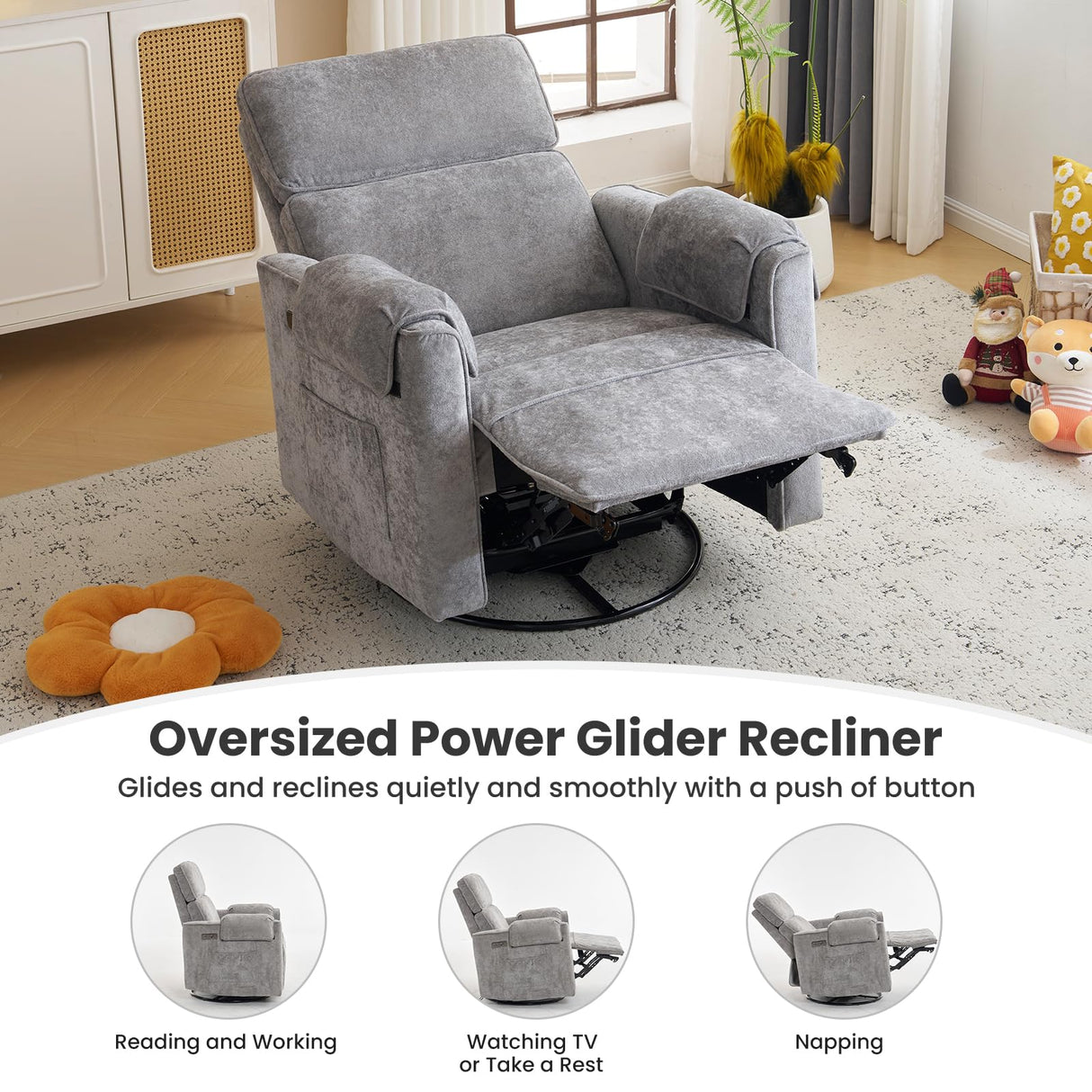 Oversized Power Recliner Chair Swivel Glider with Adjustable Headrest, Swivel Rocking Recliner Chair for Adults, 26" Extra Wide Glider Nursery Chair with Overstuffed Armrest, USB Ports, Grey RUTOX