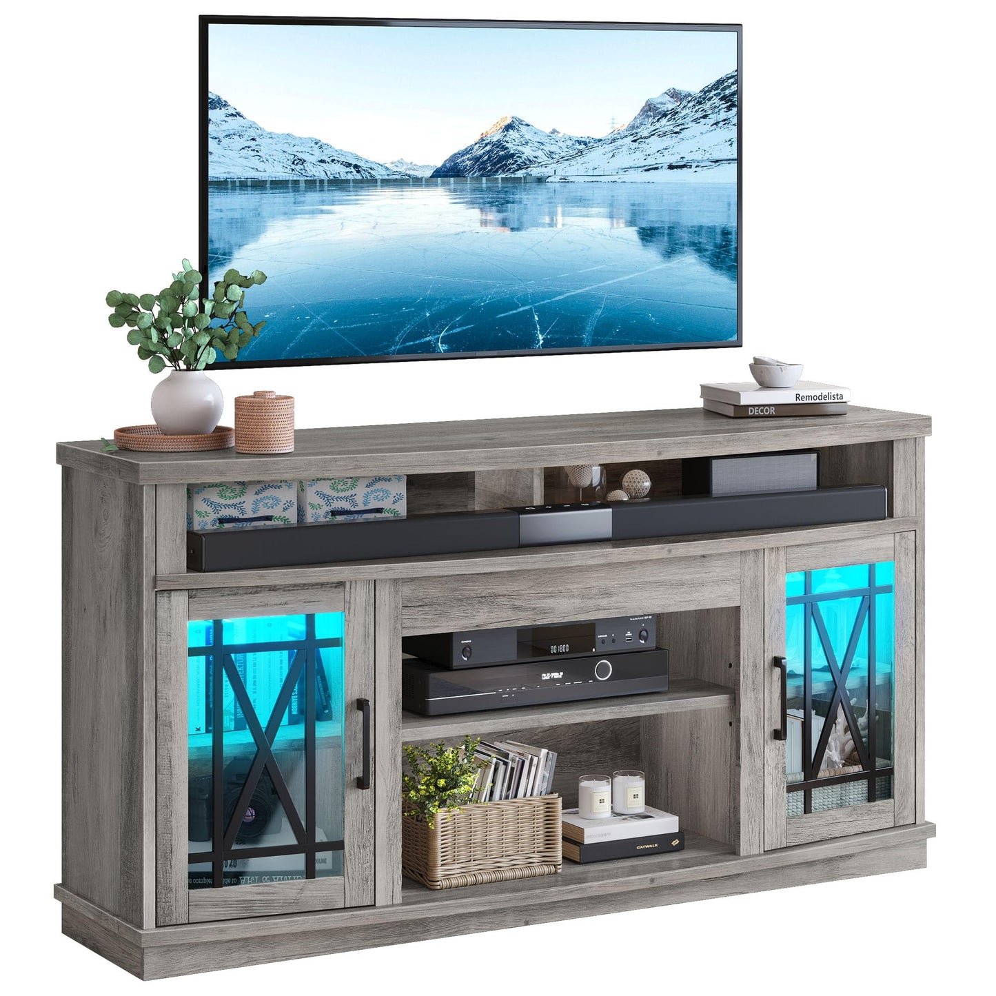 YITAHOME TV Stand Modern Entertainment Center for Living Room, 32'' Tall LED TV Media Console Table for 65 55 Inch, TV Cabinet with Adjustable Shelves and Glass Doors, Grey Wash, 59 Inch