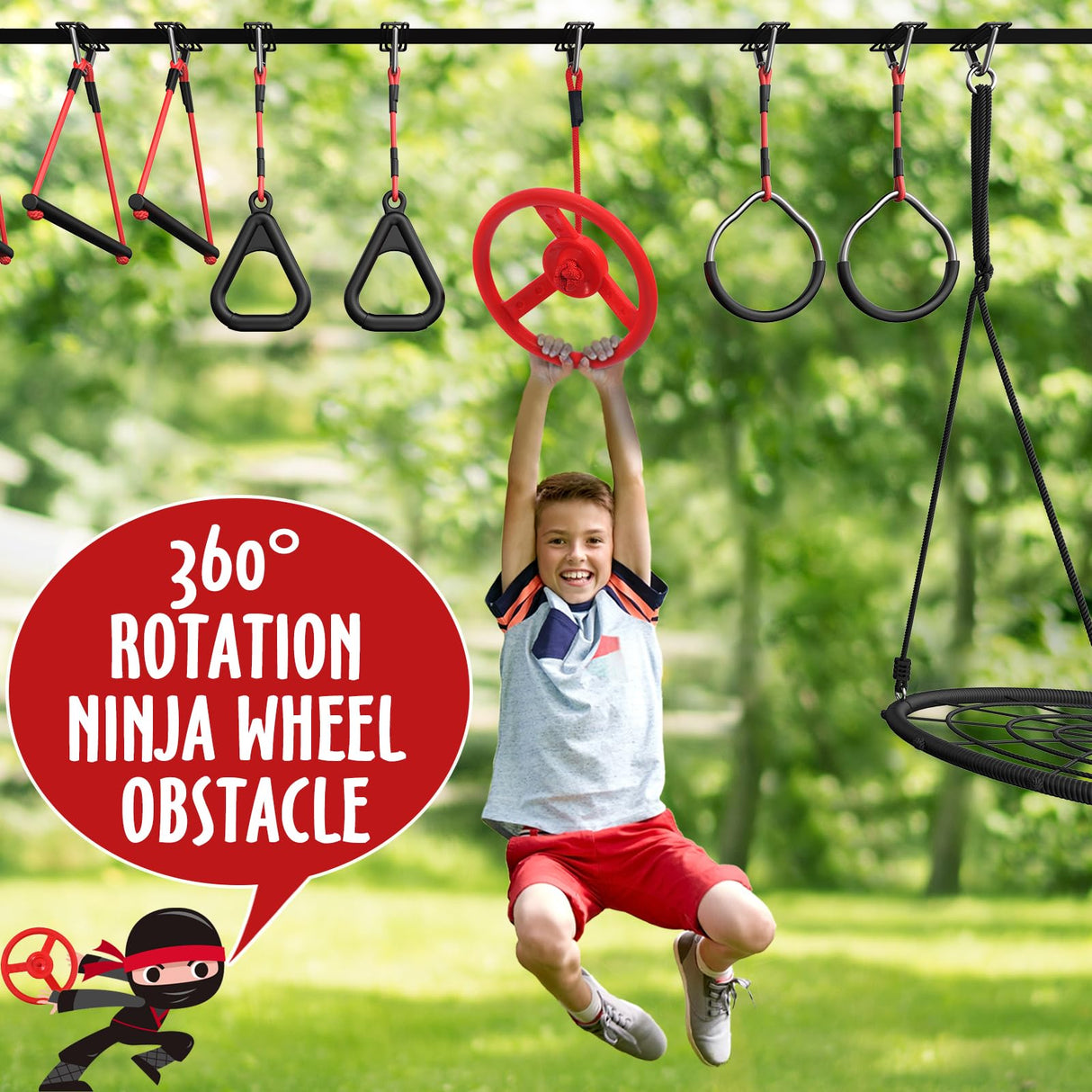 Hapfan 50 ft Ninja Warrior Obstacle Course for Kids with Tree Swing, Portable Slackline Swing Set with Weather-Proof Obstacles, Tree Jungle Gym Outdoor Playset for Backyard Outside Hapfan