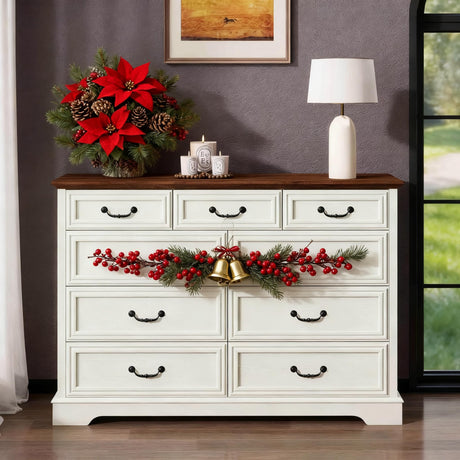 Vipbear Farmhouse 9 Drawers Dresser for Bedroom, 52" Wide Rustic Wood Chest of Drawers with Metal Handles, Modern Dresser TV Stand, Vintage Storage Organizer for Bedroom, Living Room,Hallway, White Vipbear