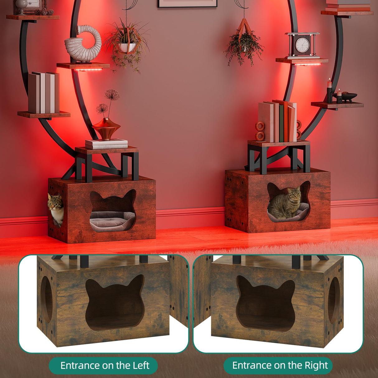 YITAHOME Tall Bookshelf with LED Light, Artistically Designed Arched Bookshelf with Cats Litter Box,10-Tier Bookcase Corner Display Shelf for Home Office, Bedroom YITAHOME