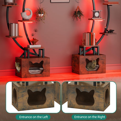 YITAHOME Tall Bookshelf with LED Light, Artistically Designed Arched Bookshelf with Cats Litter Box,10-Tier Bookcase Corner Display Shelf for Home Office, Bedroom YITAHOME