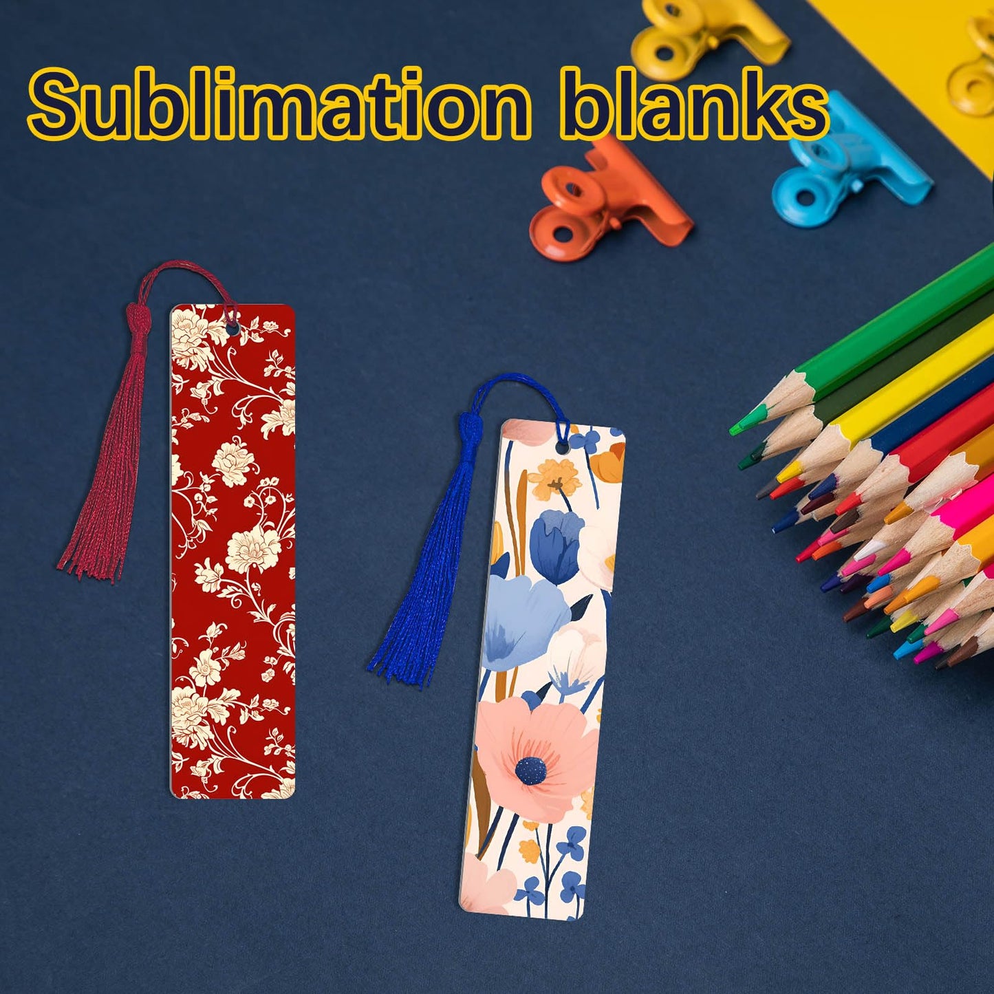 45 Pcs Sublimation Bookmarks，5.9"X1.5" X0.65mm Sublimation Bookmark Blank Aluminum Metal Bookmarks Bulk DIY Bookmarks with Hole and Colorful Tassels for Crafts Reading School Office Supplies