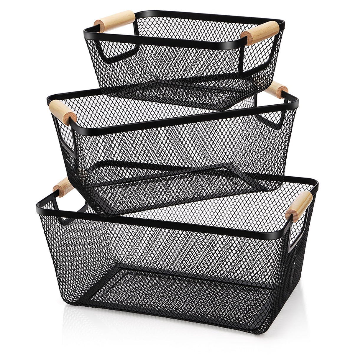 Noamus 3 Pack Metal Mesh Basket with Wooden Handle, Farmhouse Wire Steel Storage Bins, Rectangle Fruit Vegetable Organizer Containers for Home Cabinet Pantry Kitchen Decor, Snack Gift (Black, 3 Size) Noamus