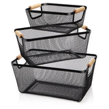 Noamus 3 Pack Metal Mesh Basket with Wooden Handle, Farmhouse Wire Steel Storage Bins, Rectangle Fruit Vegetable Organizer Containers for Home Cabinet Pantry Kitchen Decor, Snack Gift (Black, 3 Size) Noamus