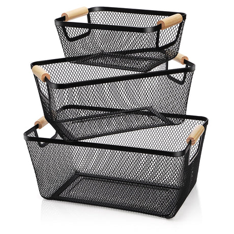 Noamus 3 Pack Metal Mesh Basket with Wooden Handle, Farmhouse Wire Steel Storage Bins, Rectangle Fruit Vegetable Organizer Containers for Home Cabinet Pantry Kitchen Decor, Snack Gift (Black, 3 Size) Noamus
