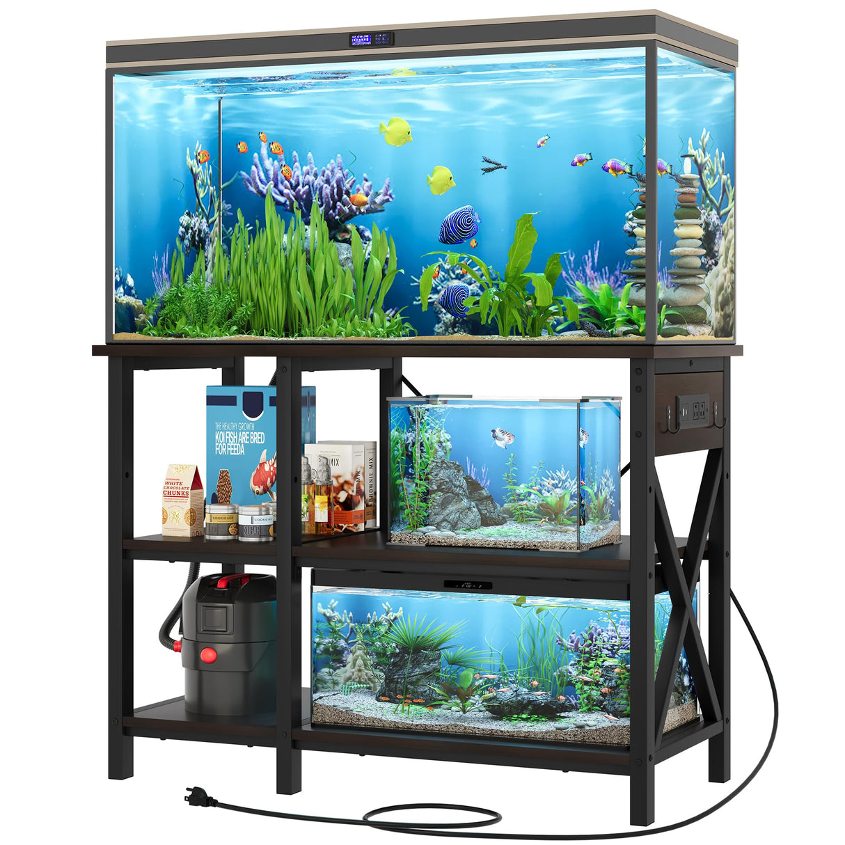 YITAHOME 40-50 Gallon Fish Tank Stand with Power Outlet, 40x18 Inch Metal Aquarium Stand with 3-Tier Adjustable Storage Shelves and Hooks, 700LBS Capacity, Black YITAHOME