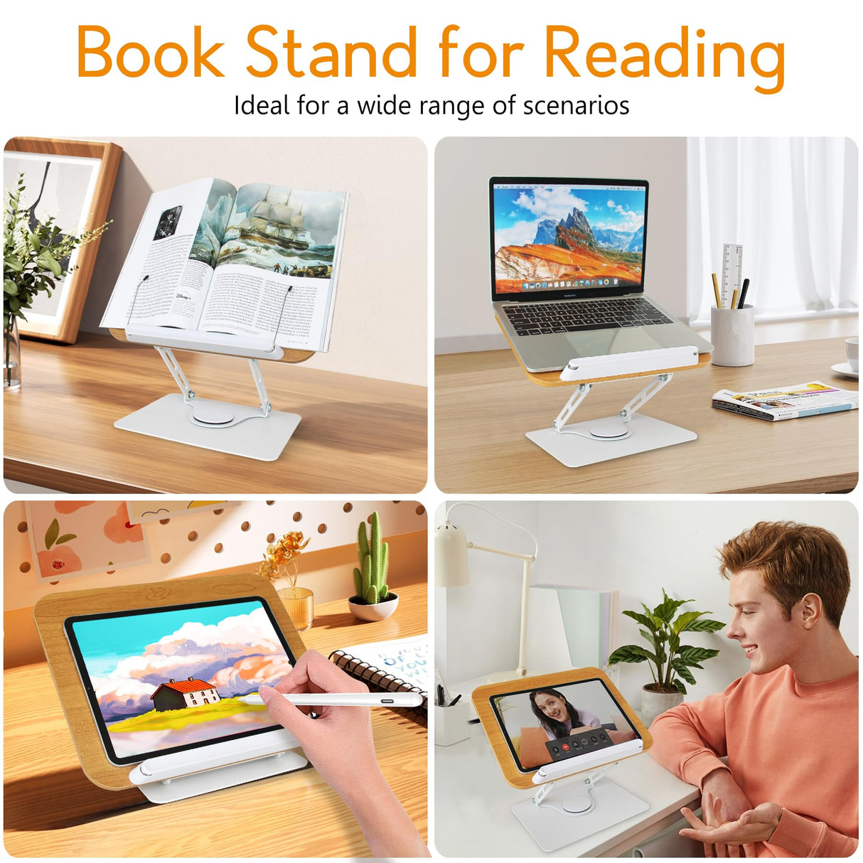 trophable Book Stand for Reading Cookbook Stand Book Holder with 360 Rotating Base Page Clips Book Display Stand for Recipe Sheet Music Laptop Drawing Tablet trophable