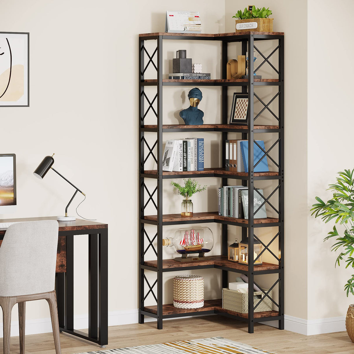 Tribesigns 7-Shelf Rustic Brown Corner Bookshelf with Metal Frame for Modern Living Spaces Tribesigns