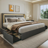 Queen Size Grey Upholstered Bed Frame with Storage, LED Lights & Wingback Headboard - LIMGLIM LIMGLIM