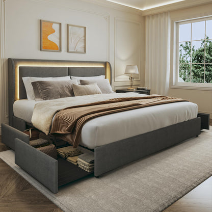 Queen Size Grey Upholstered Bed Frame with Storage, LED Lights & Wingback Headboard - LIMGLIM - WoodArtSupply