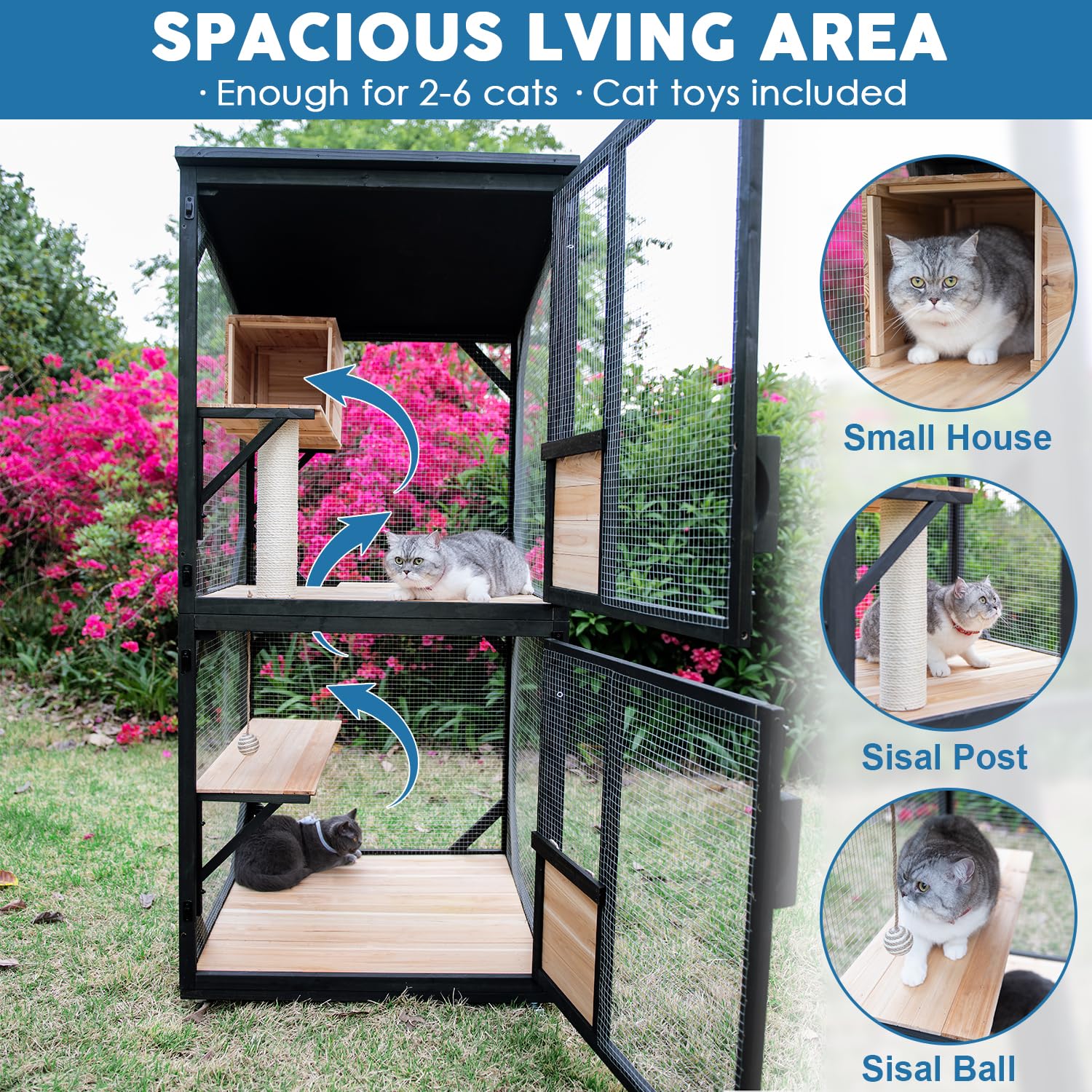 Luyitton 4 Tiers Cat Catio Cat House Outdoor Cat Enclosure Window Large Outside Patio with Removable Floor, Scratching Post Sisal Ball 4 Wheels Waterproof Roof - WoodArtSupply