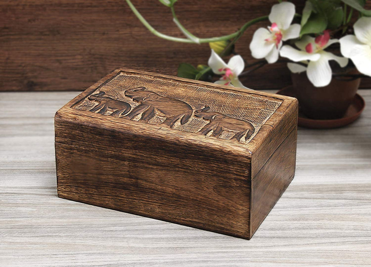 Ajuny Hand Carved Decorative Wooden Jewelry Box Elephant Motif Design Rustic Finish Keepsake Storage Travel Organizer Treasure Chest Trinket Holder Great for Gifts Ajuny