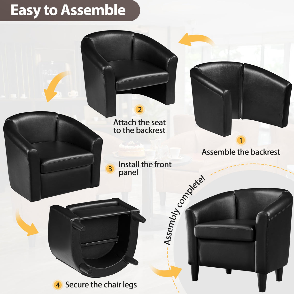 Topeakmart Faux Leather Club Chair, Modern Accent Chair and Cozy Barrel Armchair with Sturdy Legs for Living Room Bedroom Reception Room, Black Topeakmart