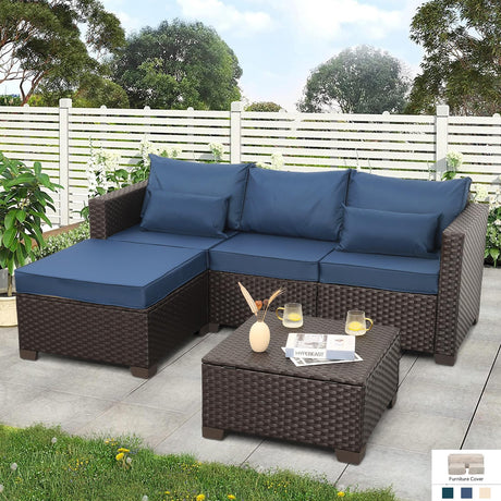 Patio Furniture Set 3 Pieces Outdoor Sectional Sofa Set Wicker Patio Furniture Outdoor Couch Outdoor Ottoman Coffee Table with Storage All-Weather Anti-Slip Cushions Waterproof Covers, Navy Blue Rattan Star