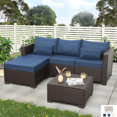 Patio Furniture Set 3 Pieces Outdoor Sectional Sofa Set Wicker Patio Furniture Outdoor Couch Outdoor Ottoman Coffee Table with Storage All-Weather Anti-Slip Cushions Waterproof Covers, Navy Blue