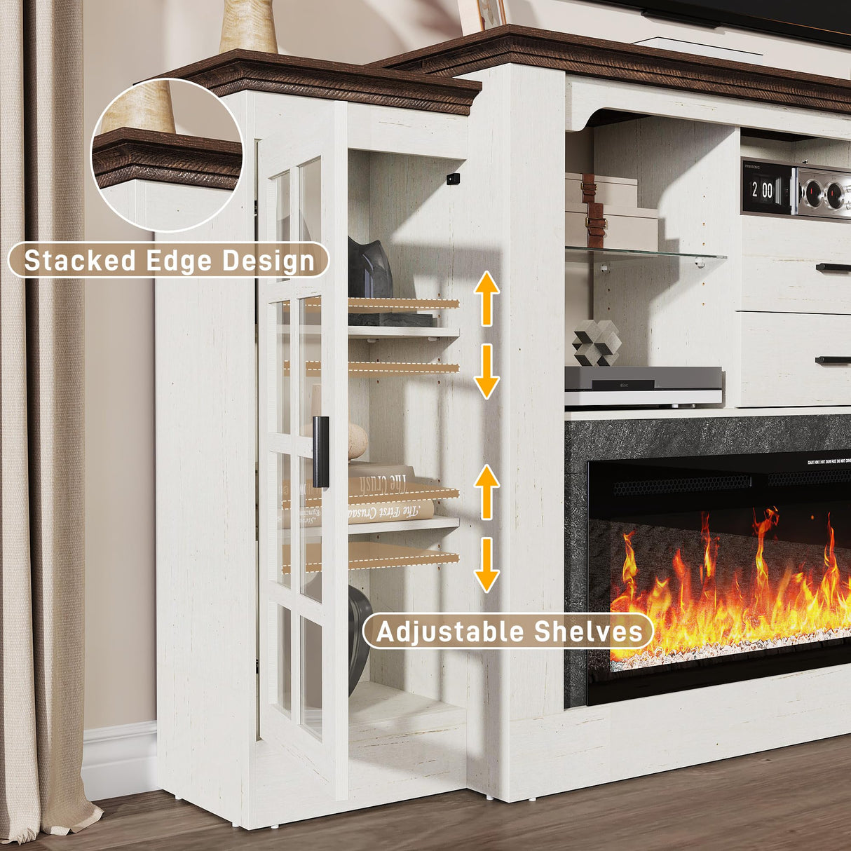 85" Electric Fireplace with Mantel, Fireplace TV Stand w/ 42" Electric Fireplace for 65 Inch TVs with Power Outlets, Farmhouse Entertainment Center with Storage for Living Room, Bedroom, Antique White Hlivelood