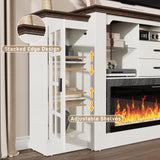 85" Electric Fireplace with Mantel, Fireplace TV Stand w/ 42" Electric Fireplace for 65 Inch TVs with Power Outlets, Farmhouse Entertainment Center with Storage for Living Room, Bedroom, Antique White Hlivelood