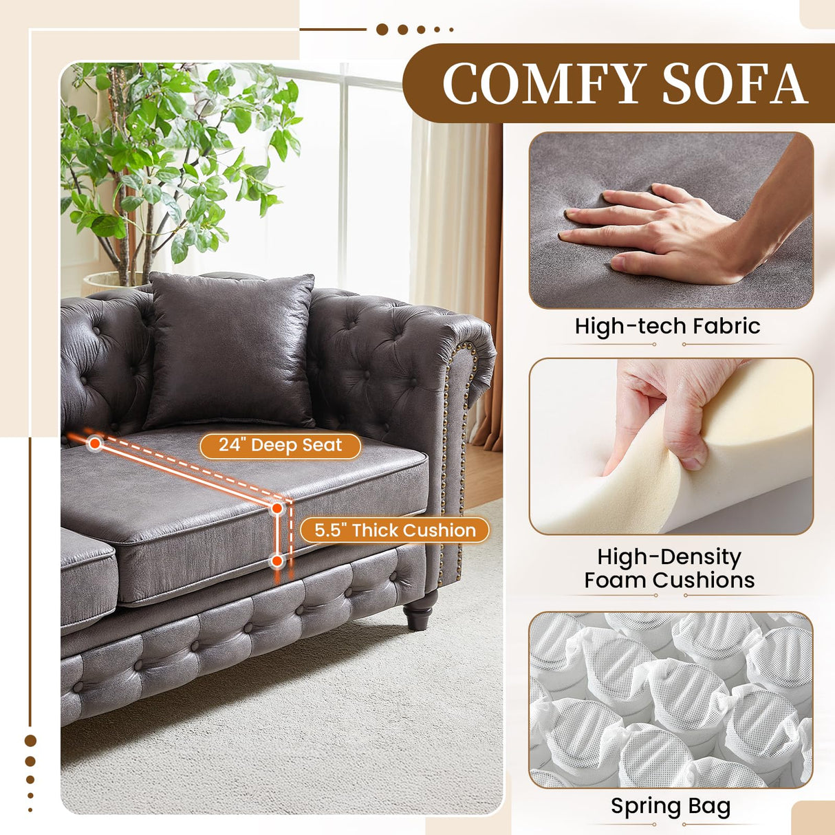 Mid Century Modern Couch, 85.5"W High-tech Fabric Button Tufted Oversized Loveseat Sofa with Nailhead Trim & Roll Armrests, Deep Seat Comfy Chesterfield Sofa for Living Room, Office(3 Seater, Grey) JEEOHEY