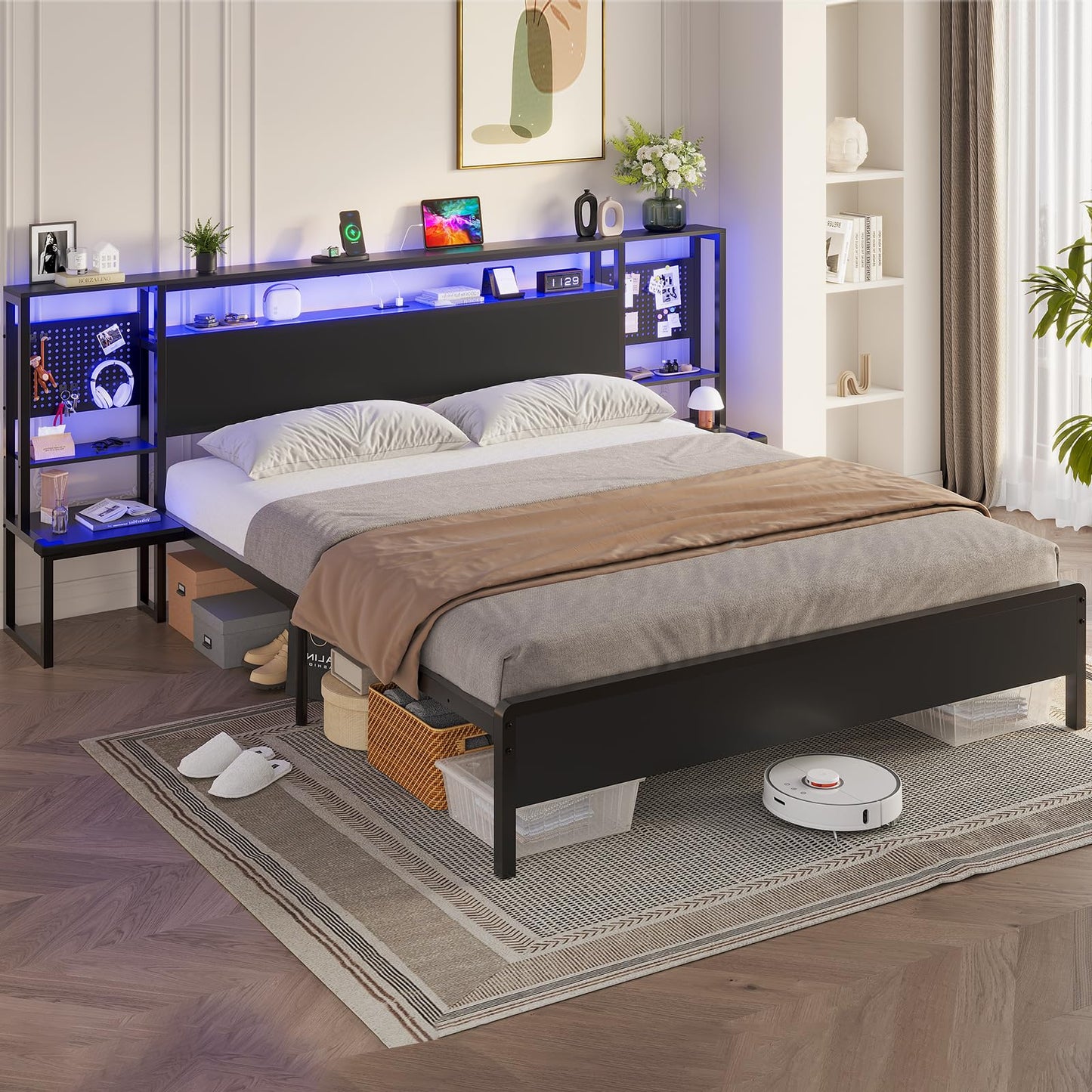 HAUOMS King Size Bed Frame with Smart LED Lights, Charging Station, and Storage Headboard in Black - WoodArtSupply