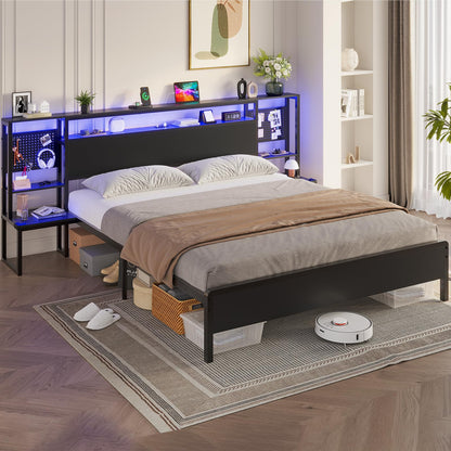 HAUOMS King Size Bed Frame with Smart LED Lights, Charging Station, and Storage Headboard in Black - WoodArtSupply