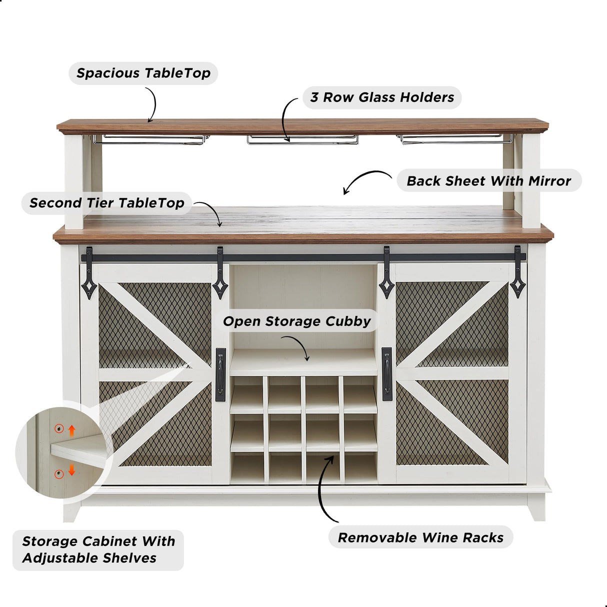 OKD Farmhouse Coffee Bar Cabinet with LED Lights, 55" Sideboard Buffet Table w/Sliding Barn Door & Wine and Glass Rack, Home Liquor Bar w/Storage Shelves for Dining Room,Antique White OKD