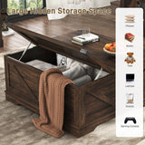 Hlivelood 40” Large Farmhouse Lift Top Coffee Table with Power Outlets and Large Hidden Storage, Square Wood Living Room Tables, Multi-Function Lift Wooden Barn Door Center Table, Brown Hlivelood