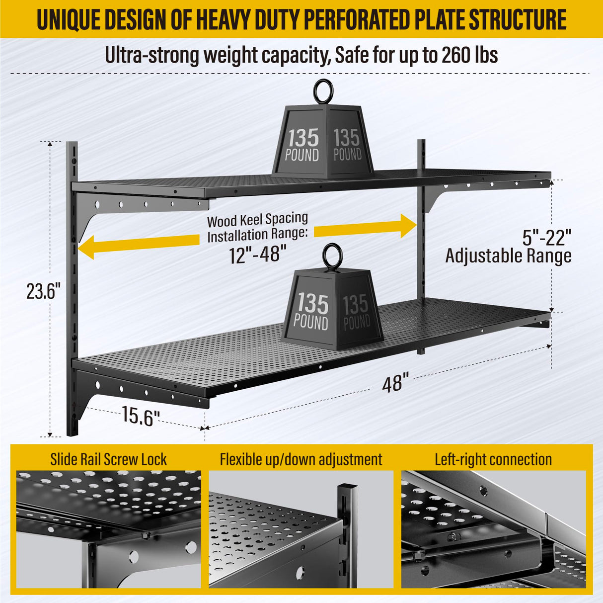 Brukid 2 Tier 1.3x4ft Garage Shelving Wall Mounted, 400 lbs Load Capacity，15.6x48inch per Shelf Height Cassette Adjustable Floating Shelves(Black) Brukid