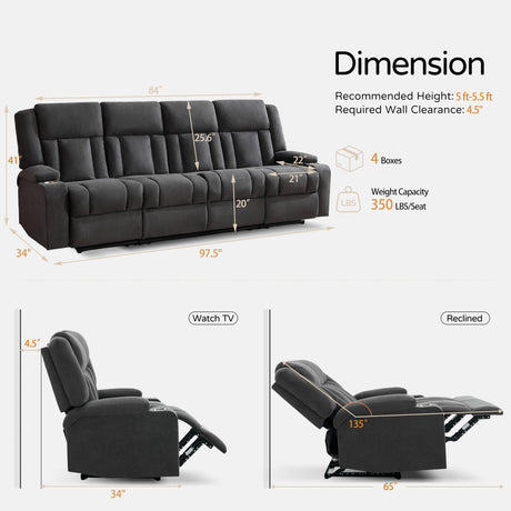 AIWOEN Recliner Sofa with Cup Holders, 4-Seater Fabric Reclining Couch, Manual Recliner Wall Hugger for Living Room, Home Theater (Dark Gray) AIWOEN