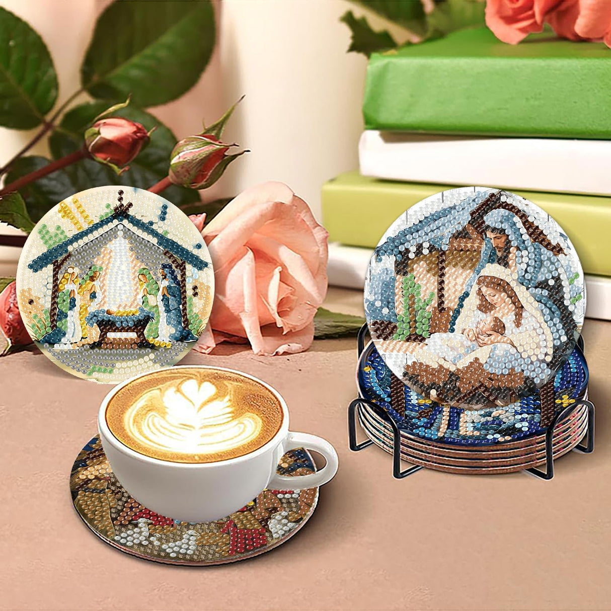 Yijingtop 8PCS Jesus Diamond Art Coasters Kits,Religion Diamond Painting Coasters with Holder,Small Diamond Art Kits for Adults,Crystal Gem Art Kits for Home Wall Decor Yijingtop