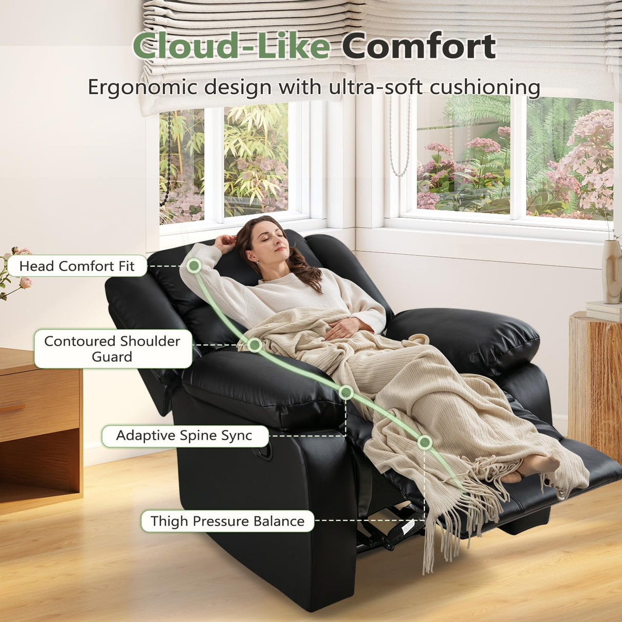 ANJ Black Recliner Chair with Overstuffed Arm and Back, Breathable Faux Leather Manual Reclining Chairs, Living Room Single Sofa Recliners ANJ