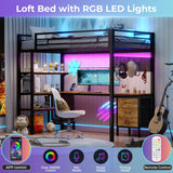BTHFST Loft Bed Twin Size with L-Shape Desk & RGB LED Lights & Charging Station, Twin Bunk Bed with Fabric Drawers & Shlves, 13.4'' H Safety Guardrail, Noise Free, No Box Spring Needed BTHFST