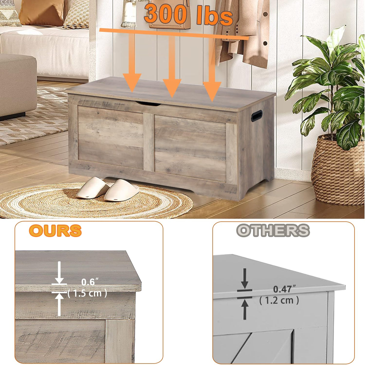 Timberer 39.4" Storage Chest, Wooden Storage Bench, Lift Top Toy Chest with 2 Safety Hinges, Large Toy Box, Entryway Bench for Living Room, Bedroom, Grey Timberer