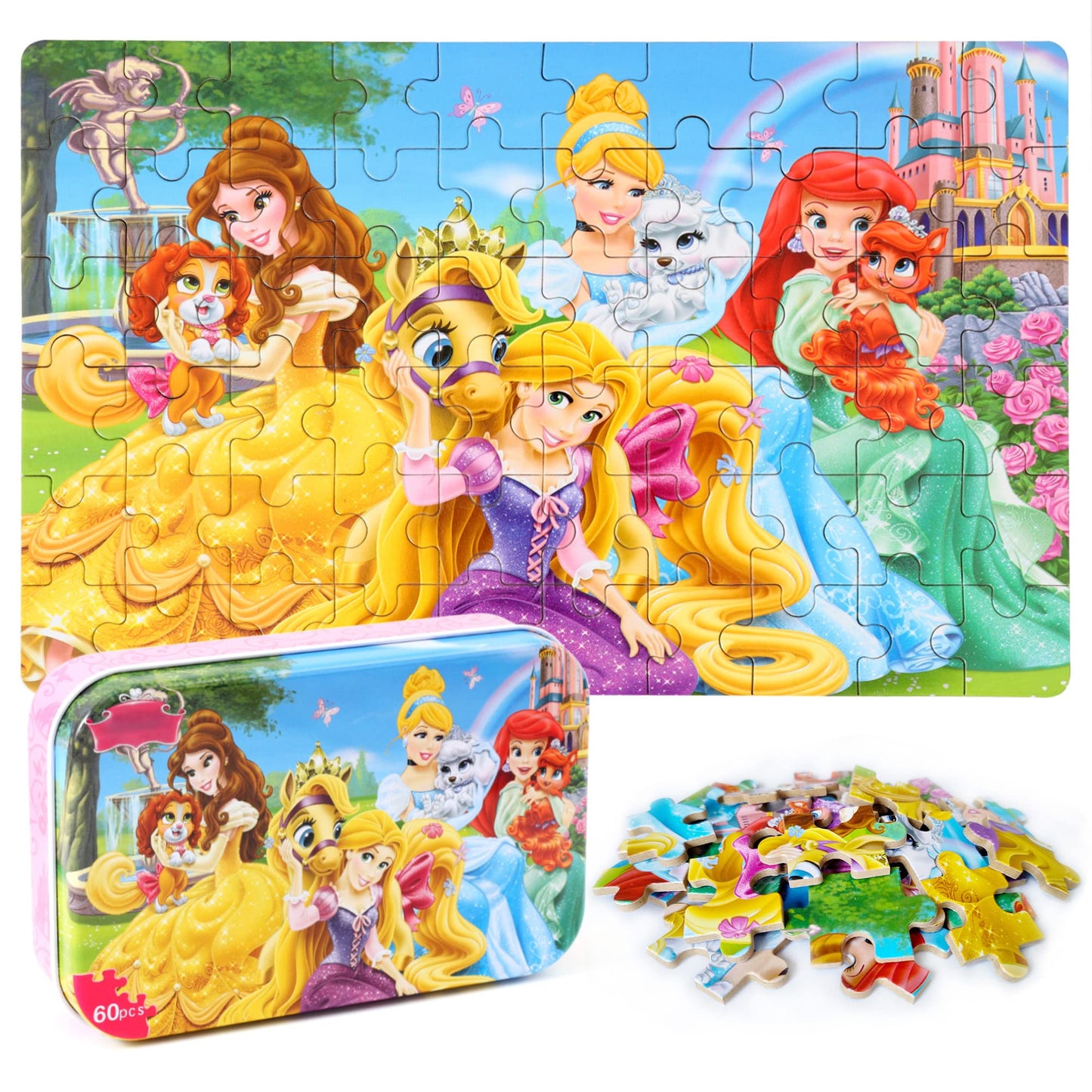 MZZOTOY Princess Puzzles for Kids Ages 4-8, 60 Pieces Puzzles for Kids Ages 3-5 Princess Puzzle for Girls and Boys Toys Jigsaw Puzzles in a Metal Box Educational Puzzles (Princess)