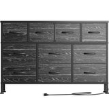 Lulive Dresser for Bedroom 10 Drawer Dresser TV Stand with Power Outlet, Entertainment Center Chest of Drawers for 55 Inch TV, Black Fabric for Bedroom Living Room Hallway Closets Lulive