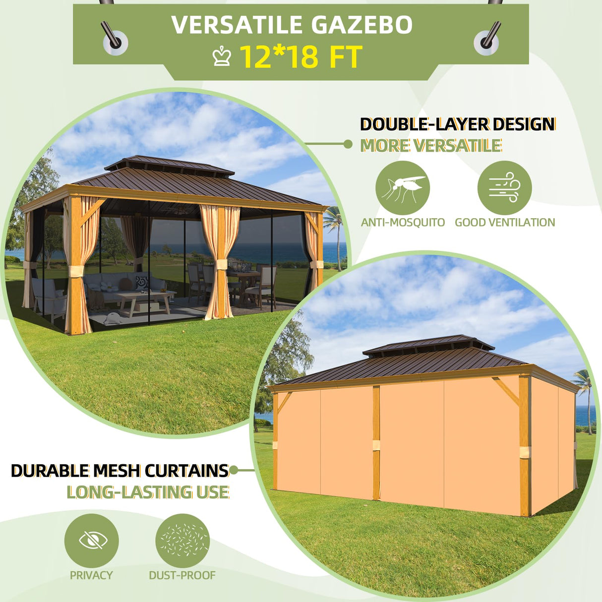 EROMMY 12' x 18' Gazebo, Wooden Finish Coated Aluminum Frame Canopy with Double Galvanized Steel Hardtop Roof, Outdoor Permanent Metal Pavilion with Curtains and Nettings for Patio, Backyard and Deck EROMMY