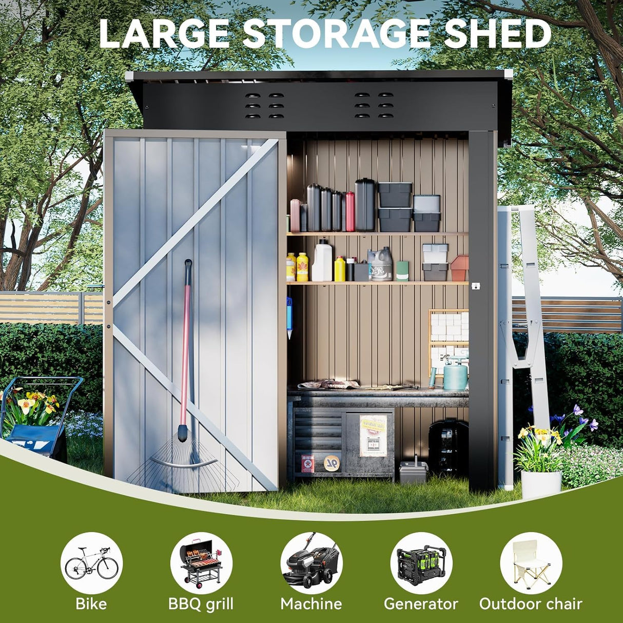 COMHOMA Shed Outdoor Storage Shed Metal,Lockable Doors Tool Sheds with Sloping Roof,Steel Garden Shed with Air Vent for Backyard,Patio,Lawn,Poolside (Brown, 5'*3') COMHOMA